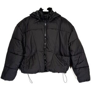 NWT Arizona Jean Women Junior‎ Med Black Cozy Lined Hooded Short Puffer Coat